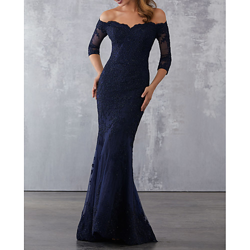 

Mermaid / Trumpet Off Shoulder Sweep / Brush Train Lace Elegant / Blue Wedding Guest / Formal Evening Dress with Beading / Lace Insert / Appliques 2020
