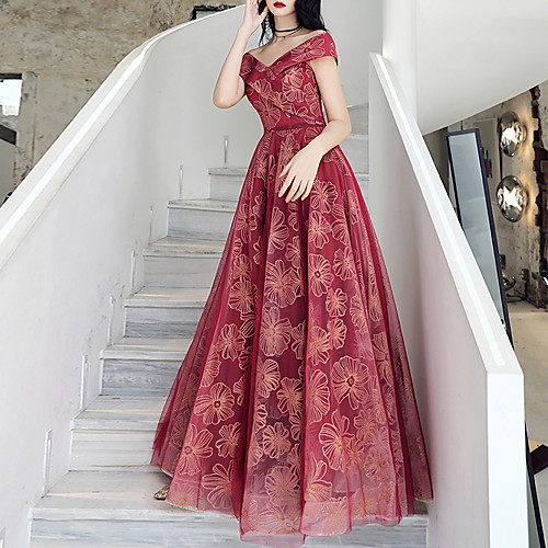 

A-Line Off Shoulder Floor Length Tulle / Sequined Floral / Red Engagement / Formal Evening Dress with Sequin / Appliques 2020