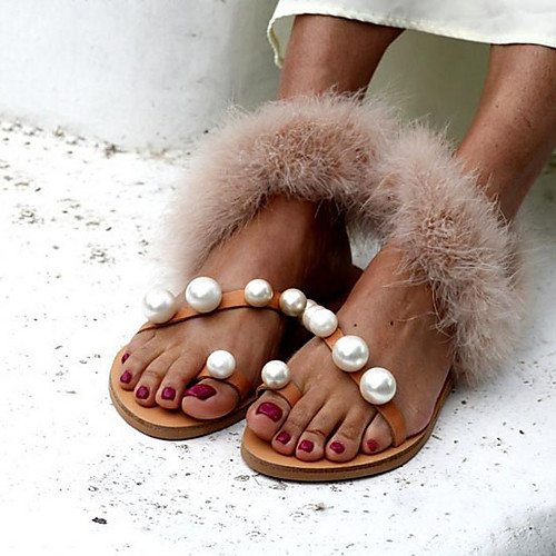 

Women's Sandals Furry Feather Flat Heel Round Toe Rabbit Fur Summer Beige