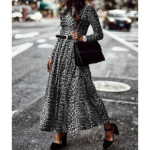 

Women's Maxi Brown Gray Dress A Line Leopard S M