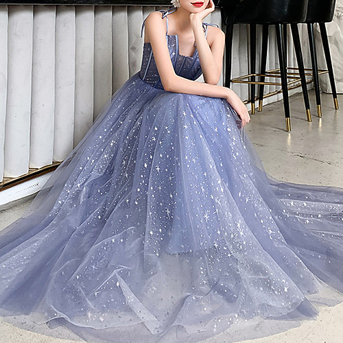 

A-Line Spaghetti Strap Floor Length Tulle Sparkle / Blue Prom / Formal Evening Dress with Sequin 2020