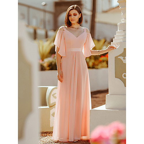 

A-Line V Neck Floor Length Chiffon Empire / Blue Holiday / Prom Dress with Ruffles 2020