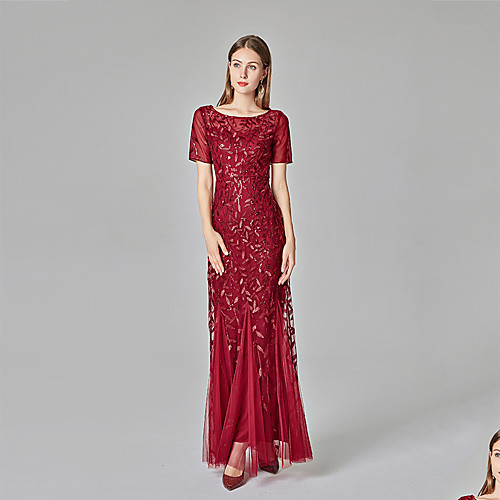 

Mermaid / Trumpet Jewel Neck Floor Length Tulle / Sequined Glittering / Red Engagement / Formal Evening Dress with Sequin / Appliques 2020