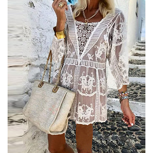 

Women's Daily Vacation Beach Boho Cotton / Lace Loose Blouse - Solid Colored Lace / Eyelet Square Neck White / Spring / Summer