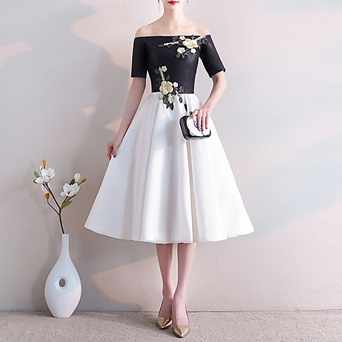

A-Line Off Shoulder Knee Length Satin White / Black Cocktail Party / Prom Dress with Embroidery / Appliques 2020