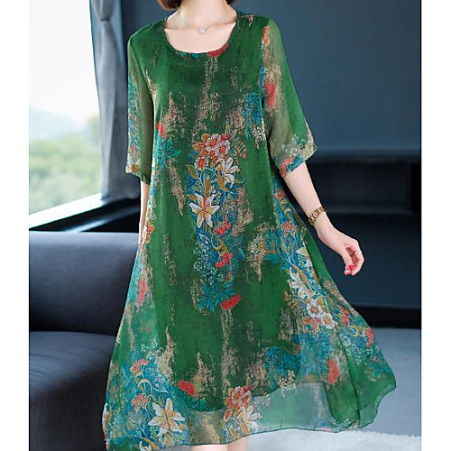 

Women's Red Green Dress Shift Print L XL Loose