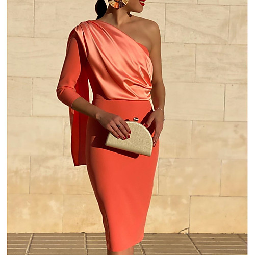 

Sheath / Column One Shoulder Knee Length Polyester Elegant / Red Wedding Guest / Cocktail Party Dress with Draping 2020