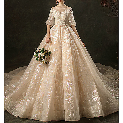 

Ball Gown Sweetheart Neckline Watteau Train Lace Half Sleeve Formal Wedding Dress in Color Wedding Dresses with 2020