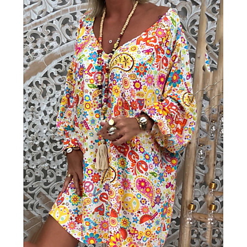 

Women's White Black Dress Boho A Line Loose Floral V Neck Floral S M Loose