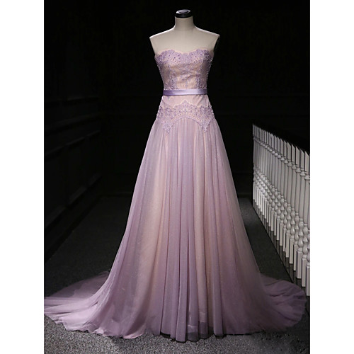

A-Line Strapless Court Train Polyester Elegant / Purple Engagement / Formal Evening Dress with Beading / Lace Insert / Appliques 2020