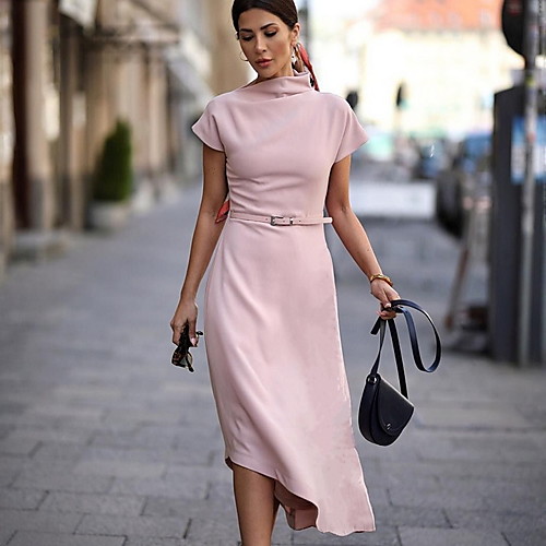 

Women's Blushing Pink Dress Sheath Solid Color Crew Neck S M Slim
