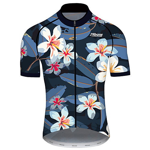 

21Grams Men's Short Sleeve Cycling Jersey 100% Polyester Black / Blue Leaf Floral Botanical Tropical Flowers Bike Jersey Top Mountain Bike MTB Road Bike Cycling UV Resistant Breathable Quick Dry