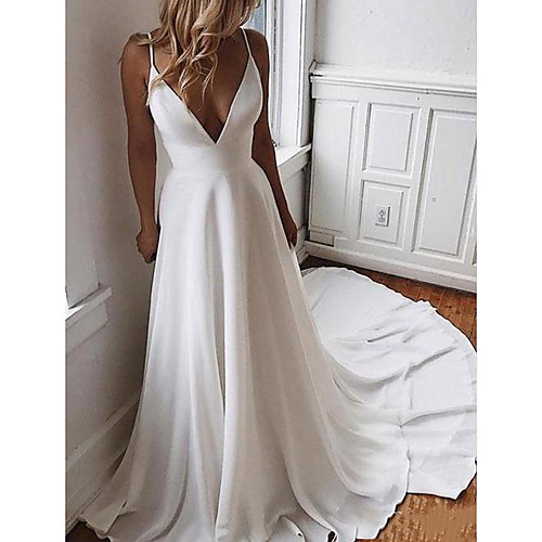 

A-Line V Neck Sweep / Brush Train Satin Sleeveless Boho / Sexy Plus Size Wedding Dresses with Appliques 2020