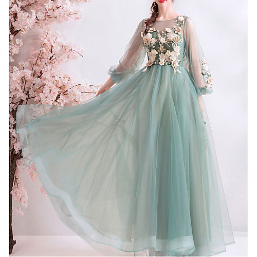 

A-Line Jewel Neck Floor Length Lace / Tulle Bridesmaid Dress with Appliques