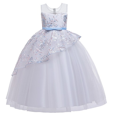 

Princess Round Floor Length Cotton Junior Bridesmaid Dress with Bow(s) / Tier / Embroidery