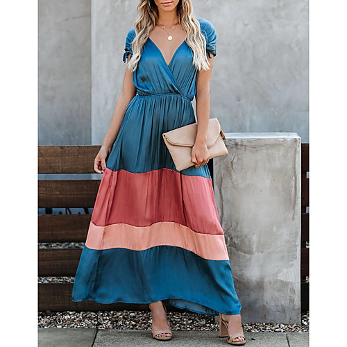 

Women's Maxi Blushing Pink Light Blue Dress Shift Color Block Deep V S M