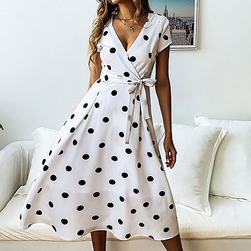 

Women's Red White Dress A Line Polka Dot Deep V S M