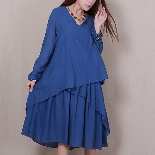 

Women's Blue Dress Loose Solid Color V Neck One-Size Loose