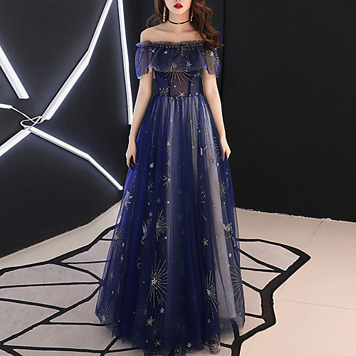 

A-Line Off Shoulder Floor Length Tulle Sparkle / Blue Prom / Formal Evening Dress with Beading / Pattern / Print 2020