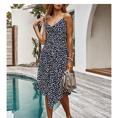 

Women's Orange White Dress A Line Print Strap S M