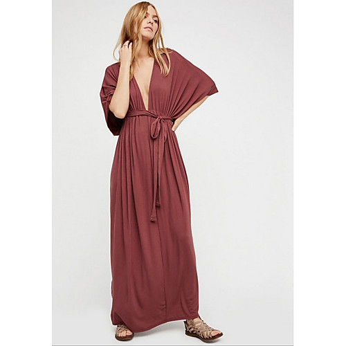 

Women's Maxi Red Black Dress Swing Solid Color Deep V S M Loose