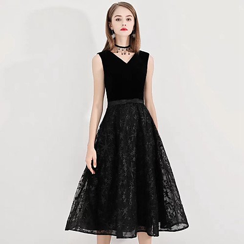 

A-Line V Neck Tea Length Lace / Satin / Velvet Minimalist / Black Homecoming / Cocktail Party Dress with Pattern / Print 2020