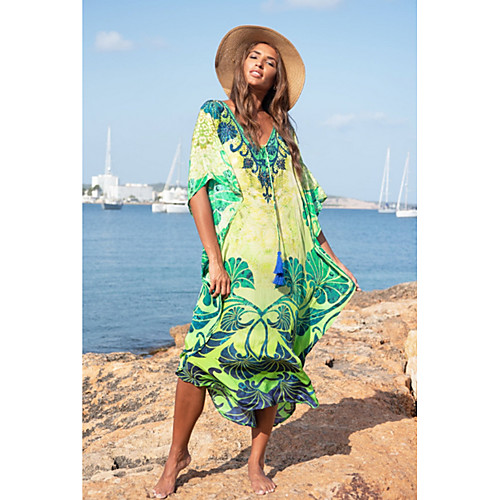 

Women's Green Dress Loose Print V Neck One-Size Loose