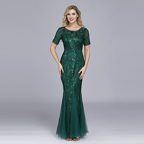 

Mermaid / Trumpet Jewel Neck Floor Length Tulle / Sequined Sexy / Sparkle Wedding Guest / Formal Evening Dress with Sequin 2020