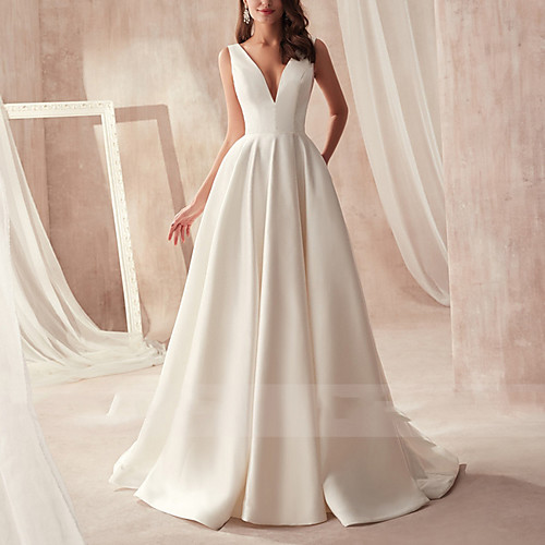 

A-Line V Neck Sweep / Brush Train Satin Sleeveless Formal Wedding Dresses with Draping 2020