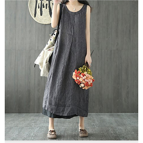 

Women's Maxi Blue Black Dress Shift Striped V Neck S M Loose / Cotton