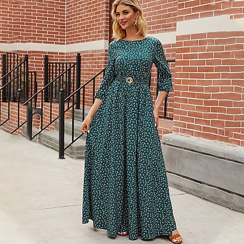 

Women's Maxi Green Dress Swing Floral S M