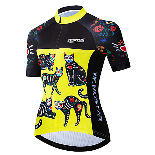 

21Grams Women's Short Sleeve Cycling Jersey 100% Polyester Black / Yellow Cat Animal Floral Botanical Bike Jersey Top Mountain Bike MTB Road Bike Cycling UV Resistant Breathable Quick Dry Sports