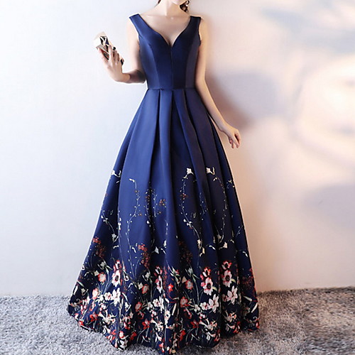 

Ball Gown V Neck Floor Length Polyester Floral / Blue Quinceanera / Formal Evening Dress with Pleats / Pattern / Print 2020