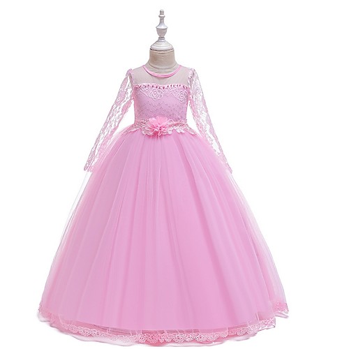 

Ball Gown Round Floor Length Cotton Junior Bridesmaid Dress with Lace / Bow(s) / Appliques