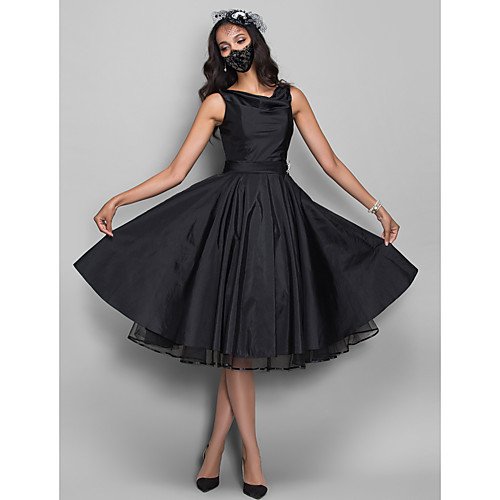 

Ball Gown Jewel Neck Knee Length Taffeta Sexy / Black Homecoming / Cocktail Party Dress with Sash / Ribbon / Pleats / Crystals 2020