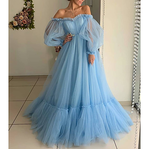 

Ball Gown Minimalist Blue Engagement Prom Dress Off Shoulder Long Sleeve Floor Length Tulle with Pleats 2020