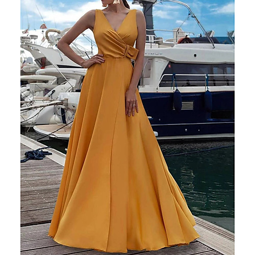 

A-Line Elegant Yellow Engagement Prom Dress V Neck Sleeveless Floor Length Stretch Satin with Sash / Ribbon Split 2020