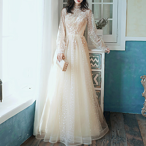 

A-Line High Neck Floor Length Tulle Elegant / Floral Wedding Guest / Prom Dress with Appliques 2020