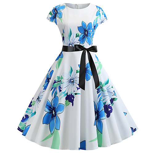

Women's White Dress Active Cute Party Daily Swing Print Patchwork Print S M