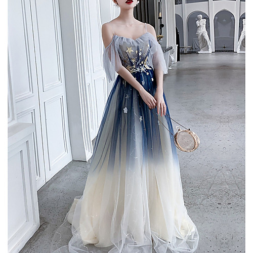 

Sequin Appliques A-Line Sparkle Short Illusion Sleeve Spaghetti Strap Sweep Brush Train Chiffon Wedding Guest Prom Dress