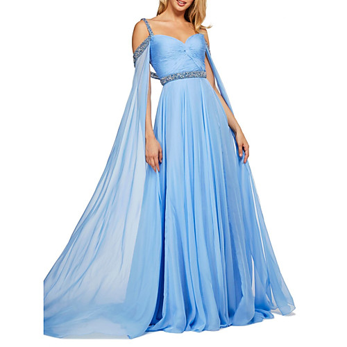 

A-Line Sweetheart Neckline Sweep / Brush Train Chiffon Elegant / Blue Engagement / Formal Evening Dress with Pleats / Crystals / Sequin 2020