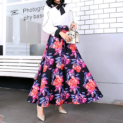 

Women's Event / Party / Daily Wear Street chic Swing Skirts - Floral Print / Drawstring Navy Blue S M L