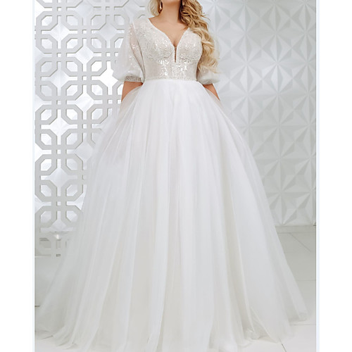 

A-Line V Neck Sweep / Brush Train Lace / Tulle / Sequined Half Sleeve Country Plus Size Wedding Dresses with Appliques 2020