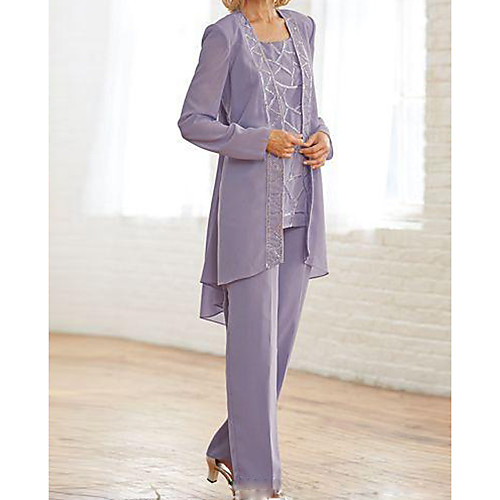 

Pantsuit / Jumpsuit Jewel Neck Floor Length Chiffon Long Sleeve Elegant Mother of the Bride Dress with Sequin Mother's Day 2020