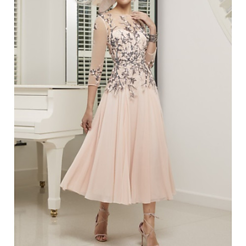 

A-Line Illusion Neck Ankle Length Chiffon / Tulle 3/4 Length Sleeve Elegant Mother of the Bride Dress with Appliques / Ruching Mother's Day 2020