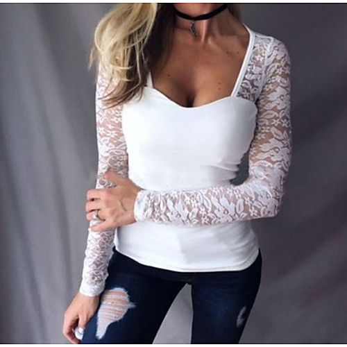 

Women's Solid Colored Patchwork Lace Trims T-shirt Daily White / Black / Red