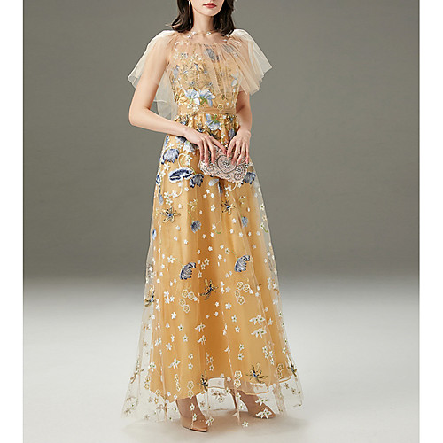 

A-Line Jewel Neck Floor Length Polyester Floral / Yellow Wedding Guest / Prom Dress with Embroidery 2020
