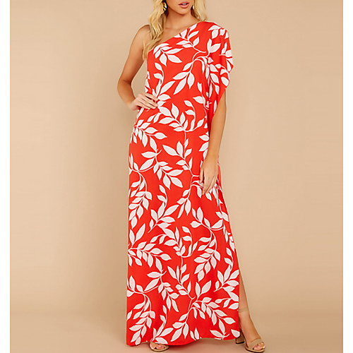 

Women's Maxi Blushing Pink Blue Dress Sheath Print One Shoulder S M