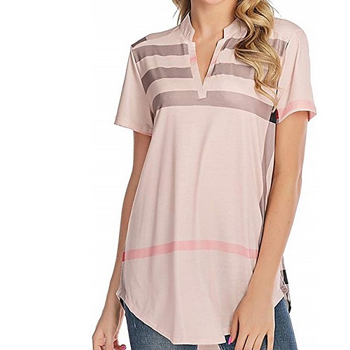 

Women's Daily Blouse - Geometric Patchwork / Print V Neck Blushing Pink