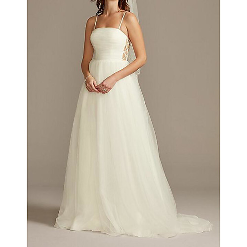 

A-Line Spaghetti Strap Sweep / Brush Train Satin / Tulle Sleeveless Country Plus Size Wedding Dresses with Pearls 2020